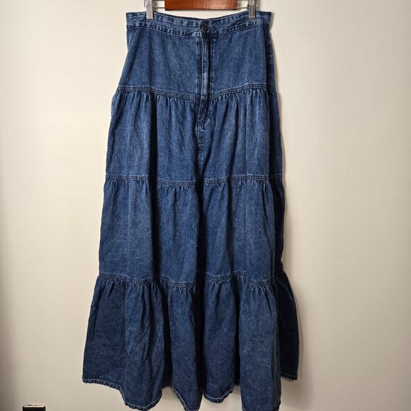 KanCan Size L Thalia Denim Tiered Maxi Skirt Dark Wash Zip-Fly Cottagcore - Picture 5 of 13